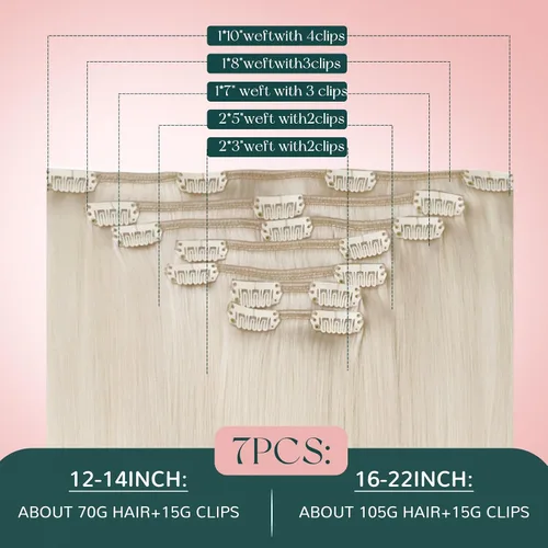 Vista 5 de Easyouth Extensiones de cabello rubio con clip, extensiones de cabello humano con clip, color rubio blanco, 7 unidades de 3.33 oz, extensiones