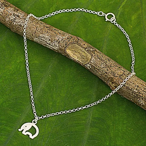 Vista 3 de NOVICA . Tobillera con dije de plata de ley 925, 9.75 pulgadas 'Blissful Elephant', Plata de ley
