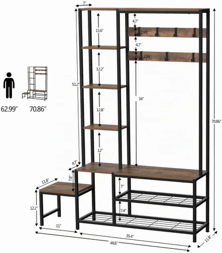 Vista 2 de Árbol de pasillo con banco de almacenamiento de zapatos, perchero con 7