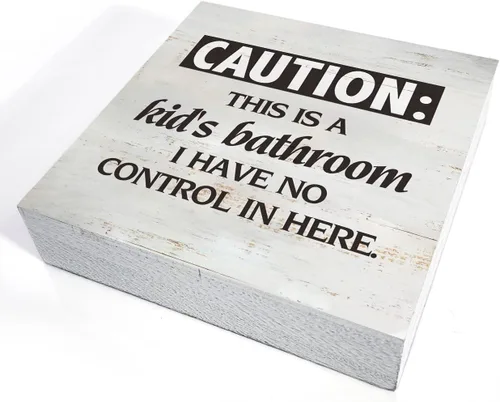 Vista 3 de Cita de baño para niños Precaución This Is a Kid Baño Caja Madera Letrero