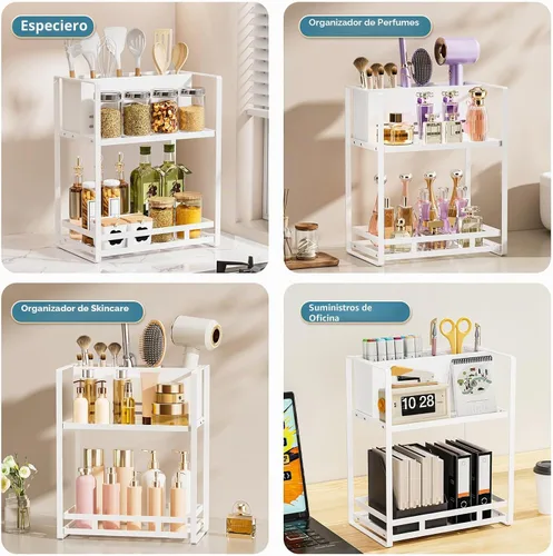 Vista 6 de SanDream Organizador de herramientas para el cabello, encimera de baño, organizador de baño de metal de 2 niveles con soporte para secador, estante