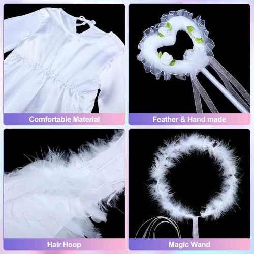 Vista 6 de Eurzom Juego de 4 piezas de disfraz de ángel para niñas, vestido blanco, alas de plumas de ángel, halo de ángel y varita para niños, fiesta