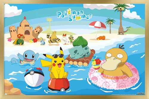 Vista 14 de Trends International Pokémon - Póster de pared de verano, 22.4 pulgadas de largo x 14.7 pulgadas, versión enmarcada en madera de granero