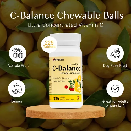 Vista 2 de Umeken C-Balance - Masticables de vitamina C, extracto de acerola y limón, apoyo inmunológico de alta potencia para adultos y niños, 2.28 oz