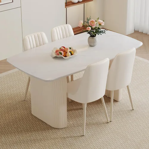 Vista 2 de Juego de mesa de comedor blanca para 4, juego de mesa de comedor de mármol de 67 pulgadas con mesa ovalada blanca crema de 3.5 pulgadas de grosor