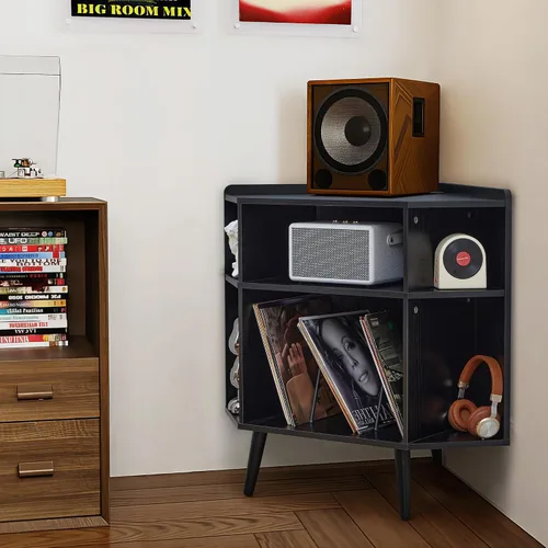 Vista 8 de Soporte esquinero para tocadiscos con estación de carga y puertos USB, gabinete de almacenamiento de discos de vinilo moderno de 3 niveles
