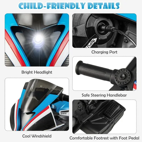 Vista 8 de Costzon - Motocicleta para niños, BMW con licencia, motocicleta eléctrica a batería de 12 V con faro, claxon, música, MP3, puerto USB, motocicleta