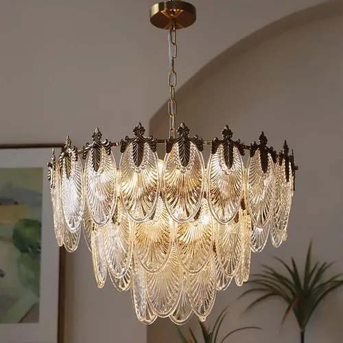 Vista 11 de Antique Chandeliers 2-Layer Gold Crystal Glass Chandelier, 4-Light Round Pendant Light 17.7" Brushed Brass Adjustable Height, Applicable to Dining