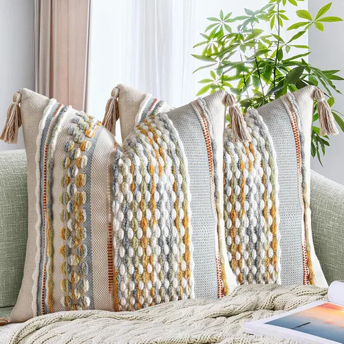 Vista 23 de AmHoo - Fundas de almohada de 18 x 18 pulgadas con borlas, fundas de almohada decorativas tejidas con textura de chenilla estilo boho para sofá