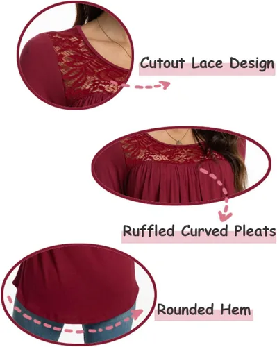 Vista 4 de BISHUIGE Blusa de manga corta para mujer, estilo casual, holgada, con panel de encaje, plisada