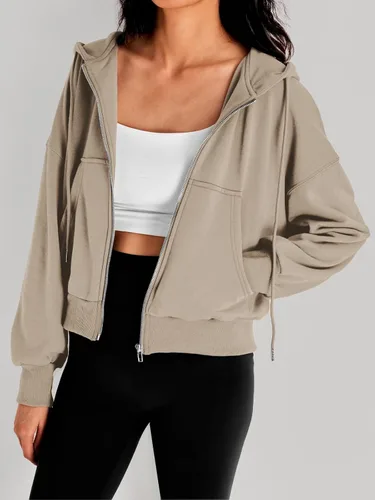 Vista 2 de Trendy Queen Sudaderas con capucha para mujer, con cremallera completa, sudaderas recortadas, suéteres casuales con capucha, ropa de otoño e