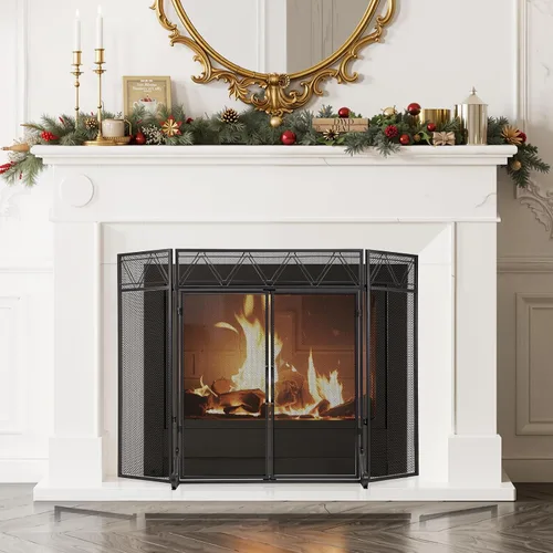 Vista 9 de BEAMNOVA - Pantalla para chimenea de 50.2 x 34.3 pulgadas, color negro, con puertas y herramientas, protector contra chispas de 3 paneles, plegable