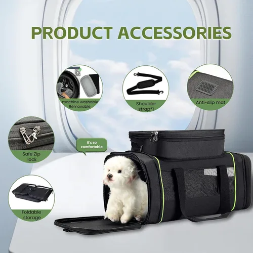 Vista 4 de Transportador de mascotas expandible negro para gatos y perros, aprobado por aerolíneas, diseño extensible de 2 lados y altura, bolsa de viaje