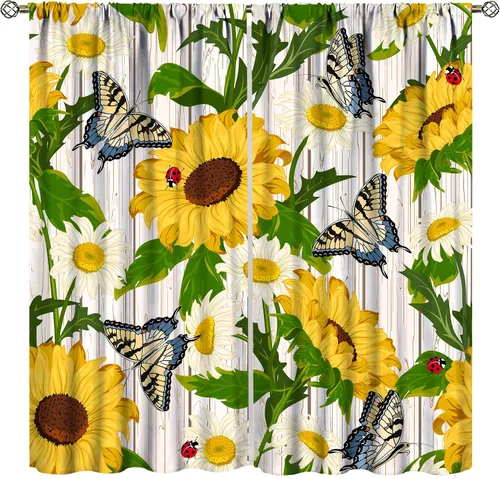 Vista 24 de Sunflower Curtains for Living Room Bedroom, Spring Nature Blue Sky and Butterfly Window Drapes, Rustic Wooden Fence Floral Botanical Decor, 2 Panels
