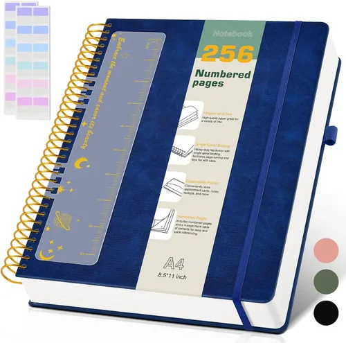 Vista 17 de Cuaderno de espiral A4 de 8.5 x 11 pulgadas, 256 páginas numeradas, de tapa dura, de cuero, para mujeres y hombres, cuadernos grandes rayados