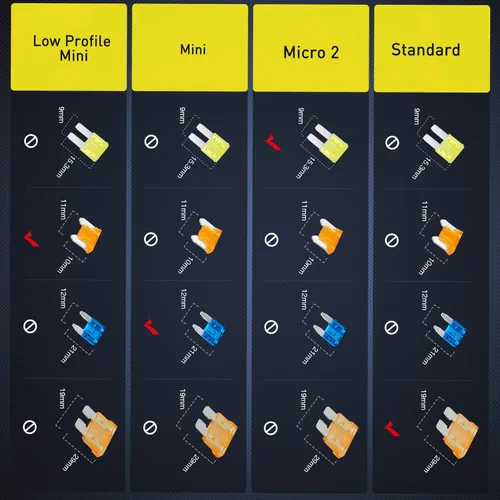 Vista 3 de Paquete de 12 fusibles para automóvil de 12 V, mini micro2 y de perfil bajo, 4 tipos ATO ATC, ATM, APM, portafusibles para automóviles, camiones