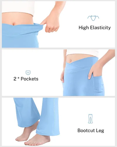 Vista 7 de HASMES Leggings acampanados para niñas con bolsillos, parte inferior acampanada, cintura alta, pantalones de yoga para danza, ropa deportiva