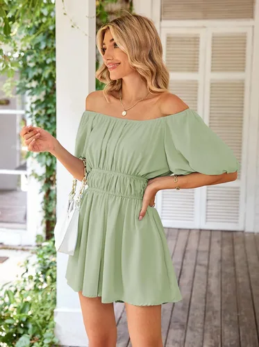 Vista 5 de Linsery Overol corto de verano para mujer, con hombros descubiertos, manga abombada, con volantes