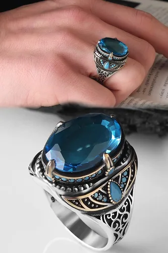 Vista 2 de BayVog 925 Sterling Silver Blue Topaz Gemstone Men's Silver Ring, Handmade Engraved Man Silver Ring gifts for men handmade rings valentines day