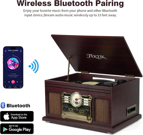 Vista 4 de FEKTIK Tocadiscos Bluetooth 10 en 1, tocadiscos de 3 velocidades con altavoces, entrada y salida Bluetooth, CD, casete, radio FM, transmisión