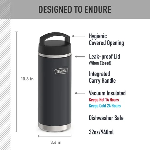Vista 2 de THERMOS ICON SERIES - Botella de agua de acero inoxidable con tapa superior de rosca, 32 onzas, granito, botella de agua aislada con tapa Granite