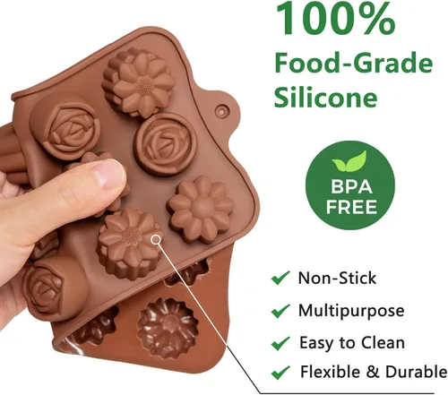 Vista 3 de 6 paquetes de moldes de silicona para caramelos de chocolate con forma de flor, moldes de silicona antiadherentes de grado alimenticio para gelatina