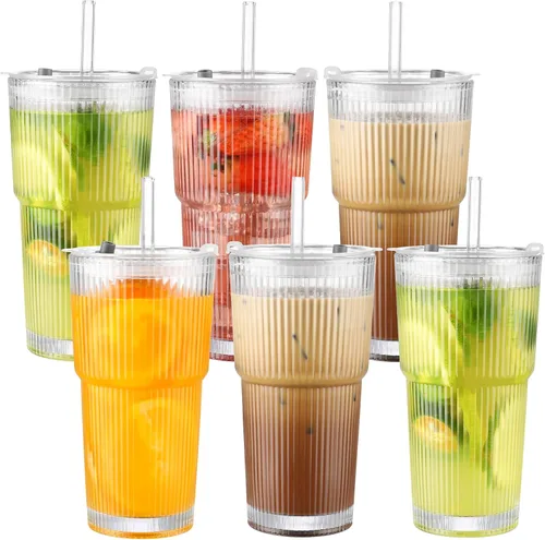 Vista 11 de Taza de vidrio CWHHRN de 20 oz con tapa y pajita, vaso de vidrio con pajita y tapa, vajilla vintage de vidrio para whisky, cóctel, cerveza, tazas