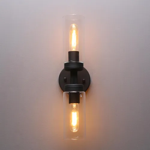 Vista 6 de Phansthy Lámpara de pared industrial rústica con pantalla tubular de vidrio transparente (aplique de 2 luces)
