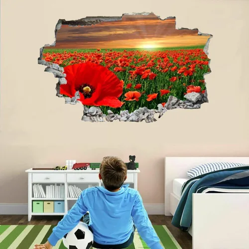 Vista 2 de Calcomanías de pared de flores rojas 3D, diseño de paisaje natural, arte aplastado, impermeable, diseño de cielo, tatuaje de pared para niños A03
