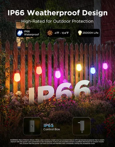 Vista 4 de Govee Guirnalda de luces S14 para exteriores, luces inteligentes RGBIC de 48 pies de color blanco cálido con 15 bombillas LED, 111 modos de escena