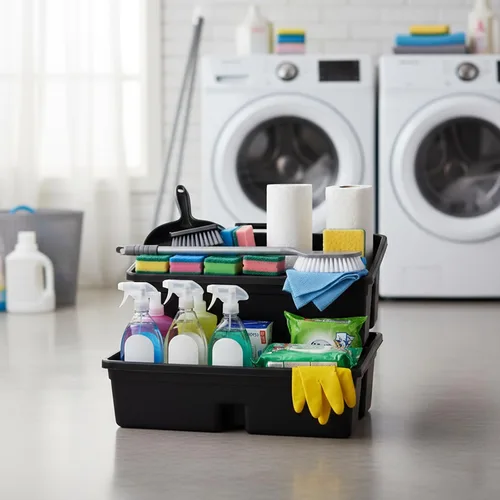 Vista 10 de Cesta de limpieza de plástico con 3 compartimentos – Cubo organizador de herramientas de plástico apilable de calidad comercial grande con asa