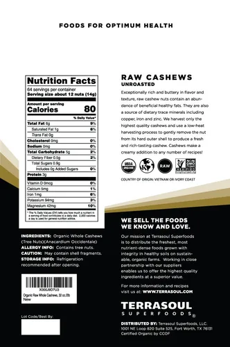 Vista 2 de Terrasoul Superfoods Anacardos orgánicos (Enteros), 6 libras
