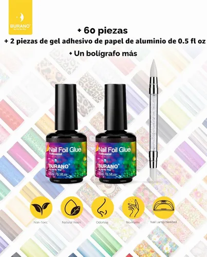 Vista 6 de BURANO Gel de pegamento para arte de uñas, 0.5 onzas líquidas, 2 botellas con 60 calcomanías de láminas, diseño de uñas, arte de transferencia