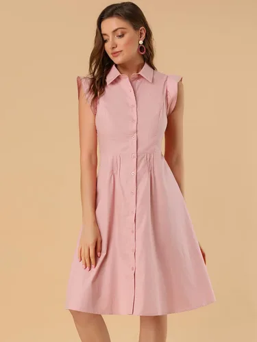 Vista 3 de Allegra K Vestido casual de oficina de manga con volantes para mujer, con lazo en la cintura, con botones y botones