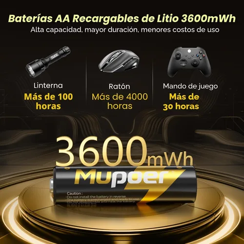Vista 7 de Mupoer Pilas Recargables AA 4 Unidades, Baterías de Litio AA 1.5V 3600mWh, Batería Recargable Doble A, Pilas Recargables Dos A, Baterías de Ion