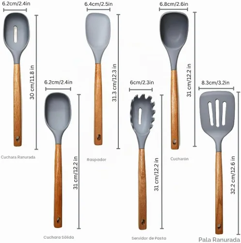 Vista 3 de Juego de utensilios de cocina de silicona de alta calidad, herramientas de cocina de 7 piezas con asas de madera de acacia y soporte de bambú, Gris