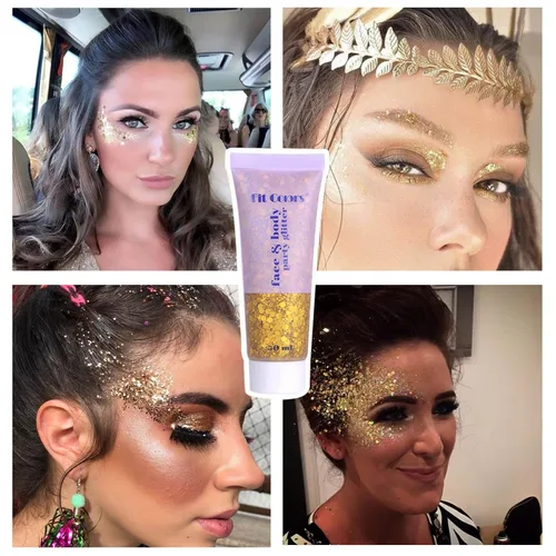 Vista 2 de Gel dorado con purpurina corporal y 2 hojas de diamantes de imitación para la cara, maquillaje con purpurina facial y joyas para el cabello, gemas