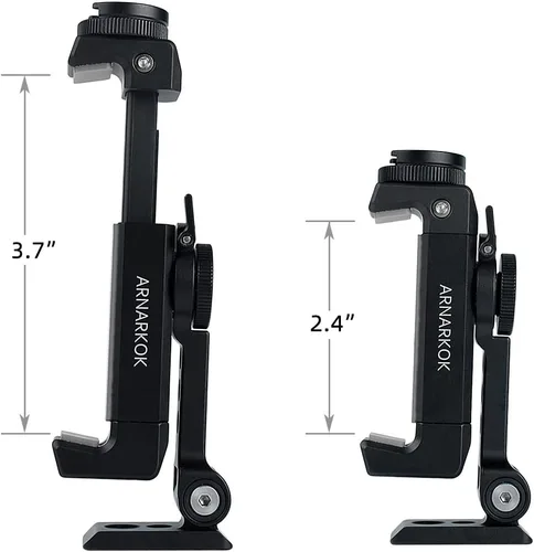 Vista 5 de Soporte de trípode de metal para teléfono con zapata fría giratoria para soporte de micrófono, compatible con iPhone y Android, adaptador de trípode