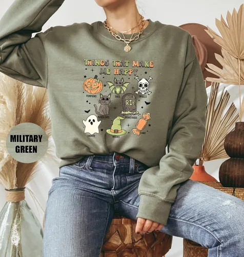 Vista 3 de Halloween Hoodies, Retro Things That Make Me Happy Halloween Sweatshirt, Cute Halloween, Graphic Tee, Cute Spooky, Skull Sweater, Graveyard