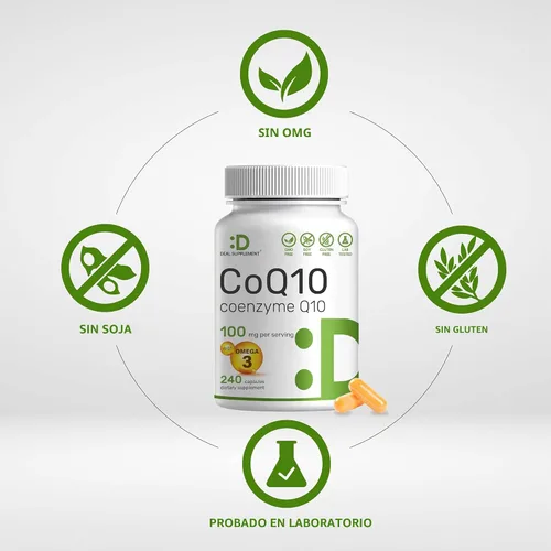 Vista 3 de DEAL SUPPLEMENT CoQ10 100mg con Omega 3 100 mg, 240 cápsulas Fórmula de coenzima Q10 biodisponible Sin OMG