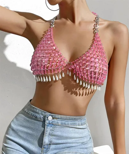 Vista 3 de Sujetador de cadena de cuerpo sin espalda halter de perlas sexy para mujer