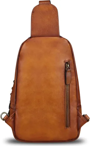 Vista 3 de IVTG Bolso bandolera de cuero genuino para mujer, mochila bandolera para el pecho, hombro, senderismo, vintage, hecho a mano, casual, bolso cruzado