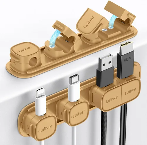 Vista 14 de Paquete de 6 clips magnéticos para cables [apertura/bloqueo en 1s], organizador y sujetador de cables Laitver con adhesivo fuerte para escritorio