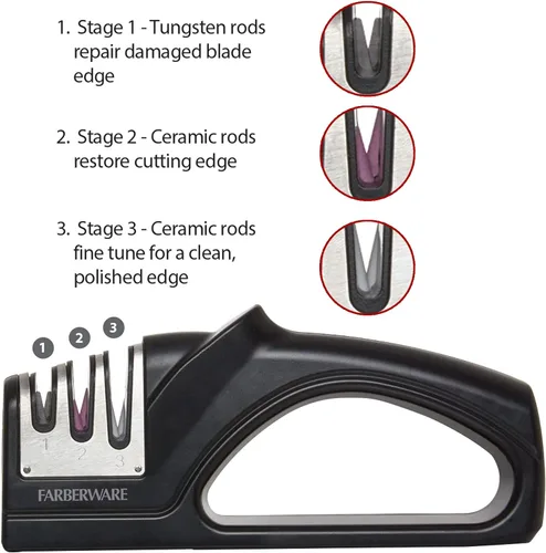 Vista 4 de Farberware EdgeKeeper - Afilador de cuchillos de 2 etapas con ranura dentada, varillas de afilar de cerámica, base antideslizante, diseño de mesa