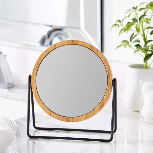 Vista 5 de Amazon Basics Espejo redondo de tocador con borde de bambú, aumento, montaje de mesa, negro, 7.56 pulgadas de largo x 2.87 pulgadas de ancho