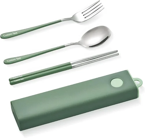 Vista 12 de Muka Juego de 3 utensilios portátiles personalizados, palillos de acero inoxidable, tenedor, cuchara de viaje con logotipo personalizado y nombre