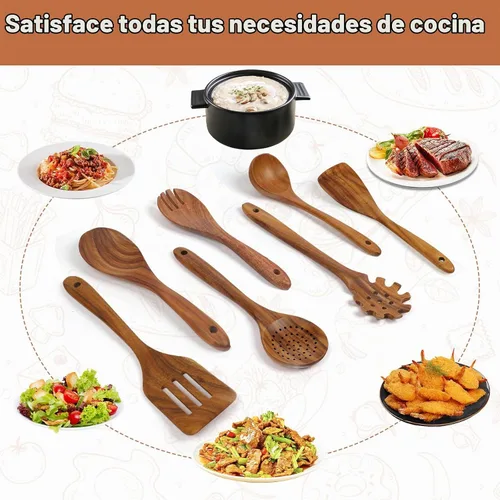 Vista 4 de comfoyar Juego de utensilios de cocina de madera, 7 cucharas de madera de teca natural para cocinar con espátula y cucharón, utensilios de cocina