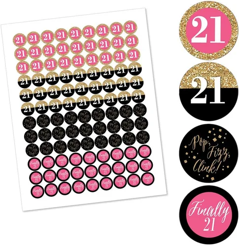 Vista 2 de Big Dot of Happiness Finally 21 Girl - Etiquetas redondas para fiesta de cumpleaños número 21, etiquetas adhesivas para regalos de chocolate