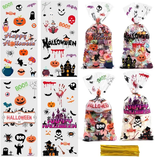 Vista 2 de JMANNI Bolsas de Celofán para Dulces de Halloween, 120 piezas Bolsas de Plástico Transparente para Halloween, Bolsas de Dulces con Murciélagos