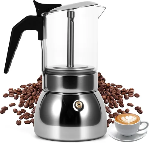 Vista 9 de Houkiper Cafetera de café expreso, 4 tazas de acero inoxidable de 6.8 fl oz, cafetera italiana, cafetera de cristal transparente, cafetera moca